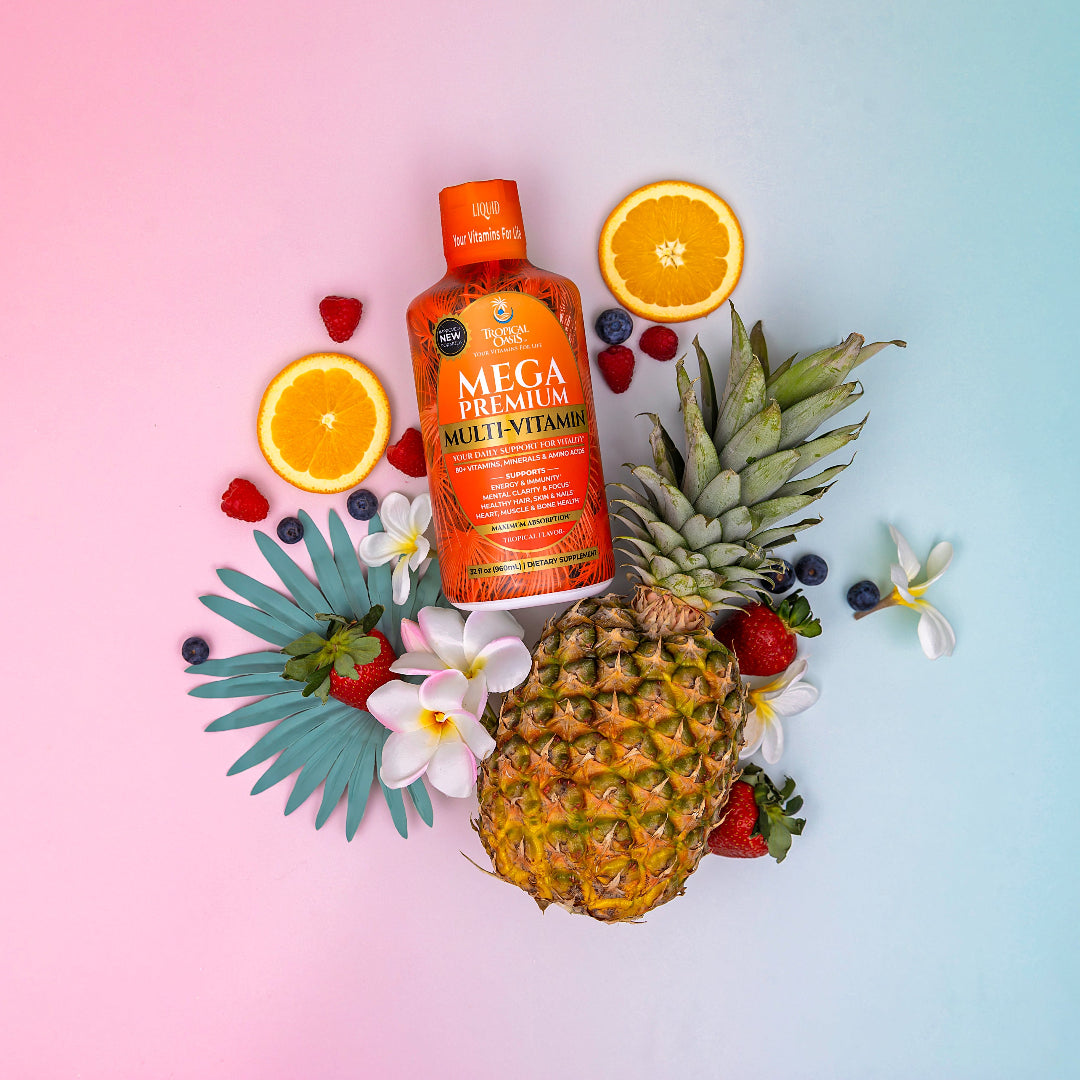 Tropical Oasis Liquid Mega Premium Multivitamin bottle, a daily liquid formula that includes vitamin D3