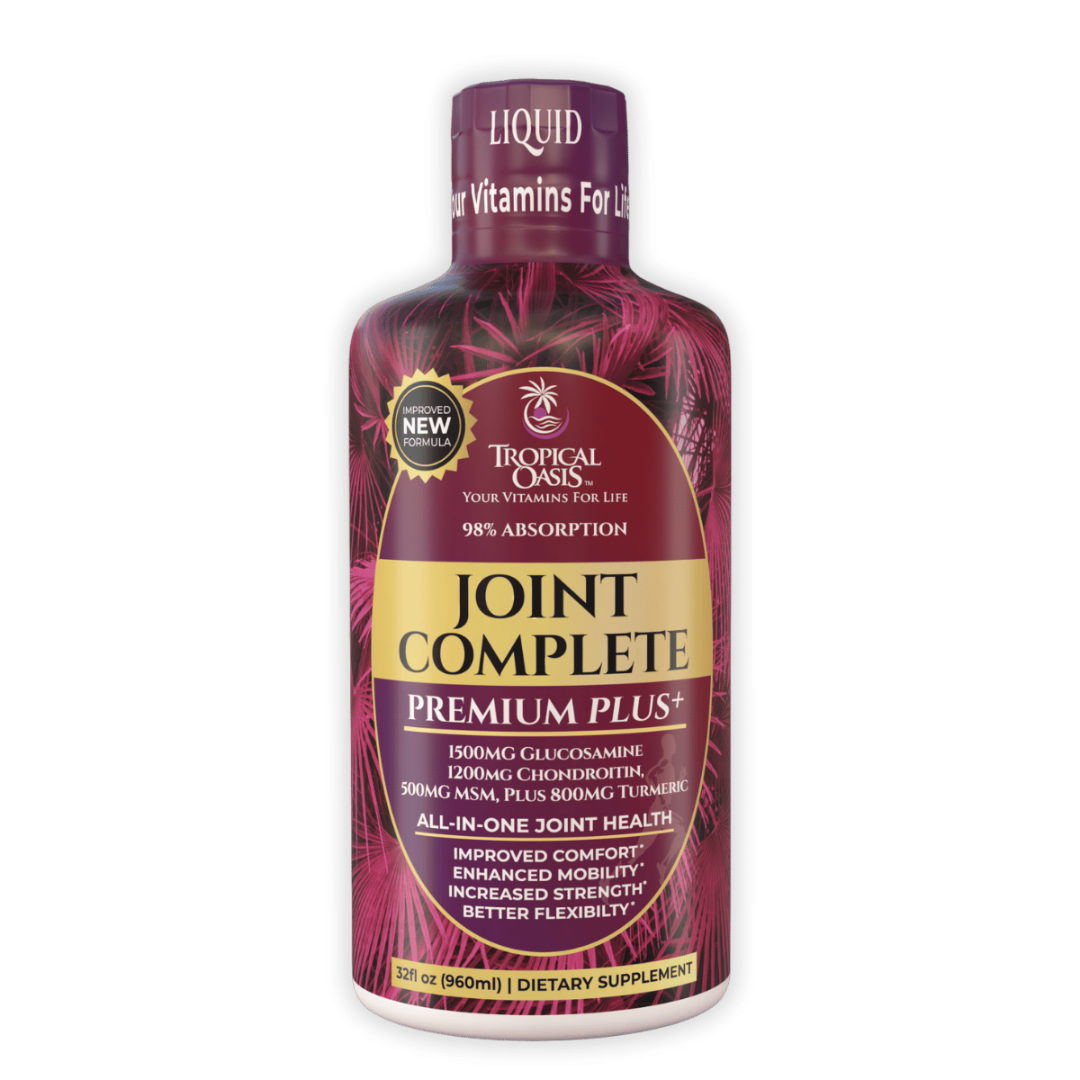 Bottle of Tropical Oasis Collagen Revive + Glow with product benefits.