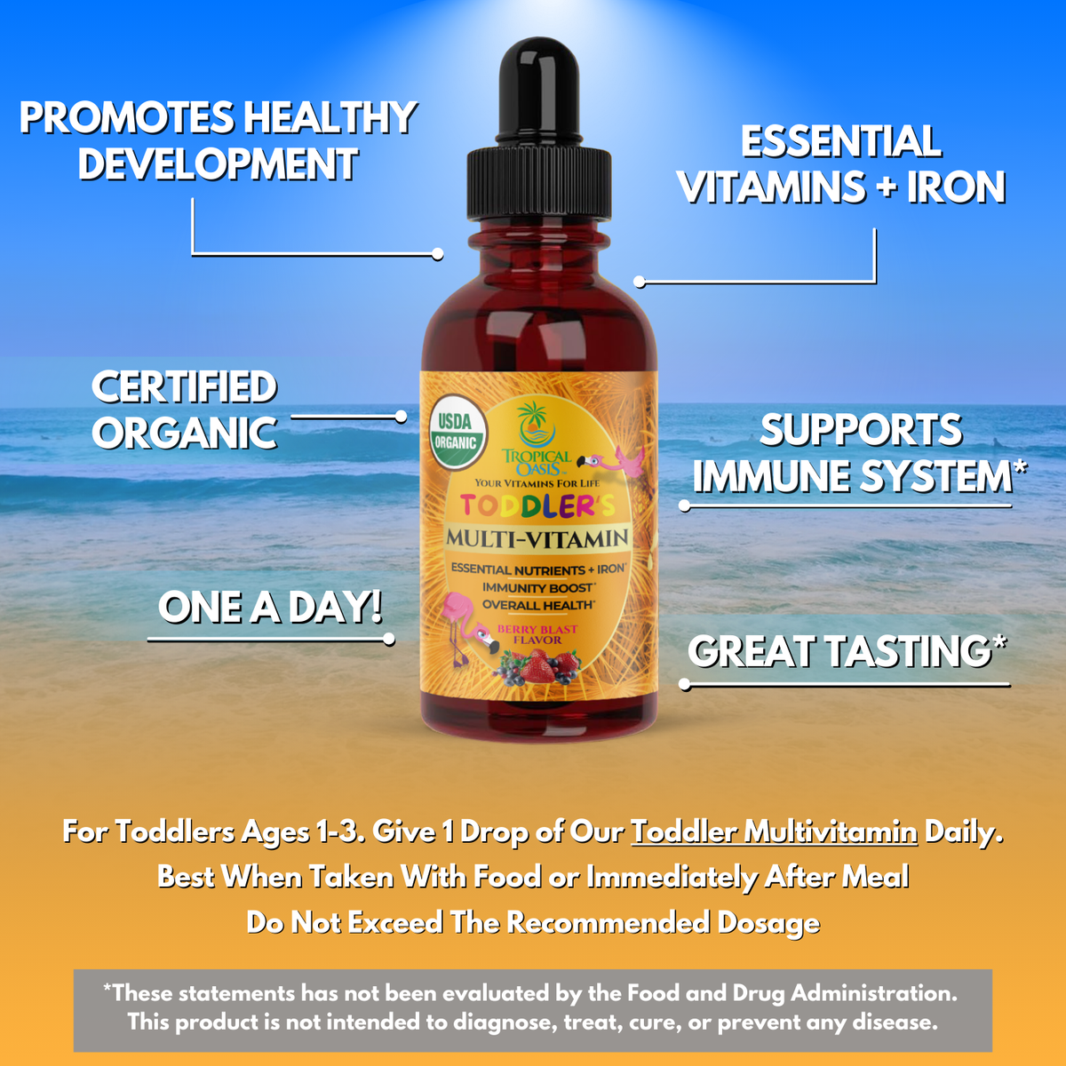 USDA Organic Kids Multivitamin WITH Iron for Toddlers & Babies (Copy) Tropical Oasis Liquid Vitamins & Minerals