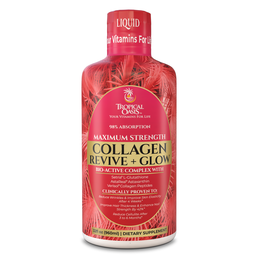 Bottle of Tropical Oasis Collagen Revive + Glow with product benefits.