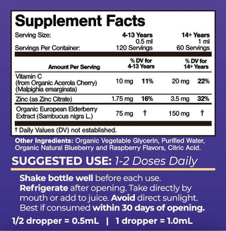 Organic Liquid Vitamin Elderberry Drops with Vitamin C and Zinc for Adults & Kids