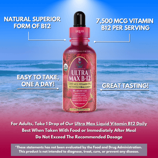USDA Organic Ultra Max B12 | Superdose 7500mcg Vitamin B12 Liquid Drops | Methyl B12 (Methylcobalamin) | Max 98% Absorption Rate | Promotes Energy & Metabolism*| Vegan, Non-GMO, Strawberry flavor -4oz