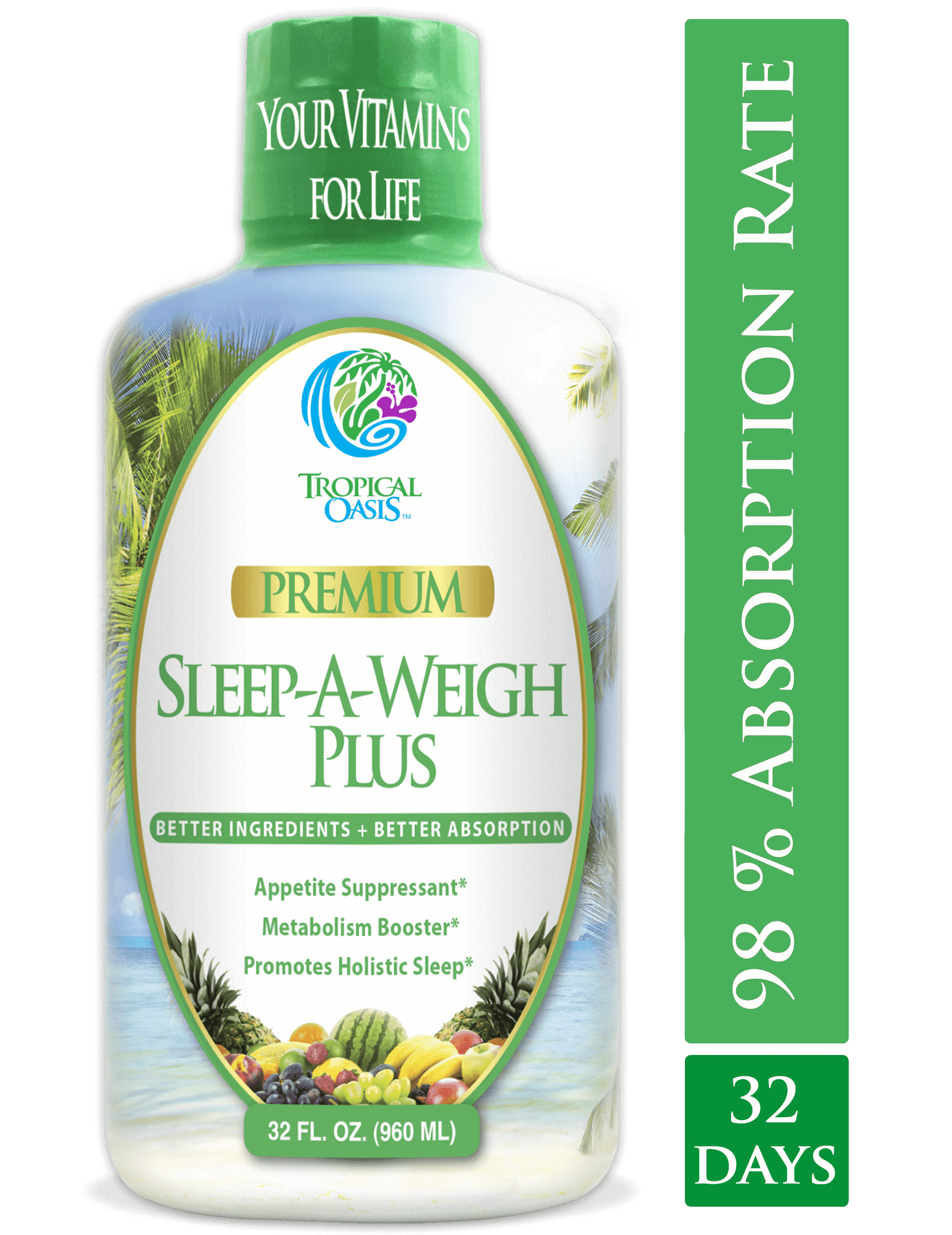 Tropical Oasis Sleep-A-Weigh Plus Liquid - Naturally Promotes Restfulness, Appetite Suppression & Fat Burning -32oz, 32serv (Test)
