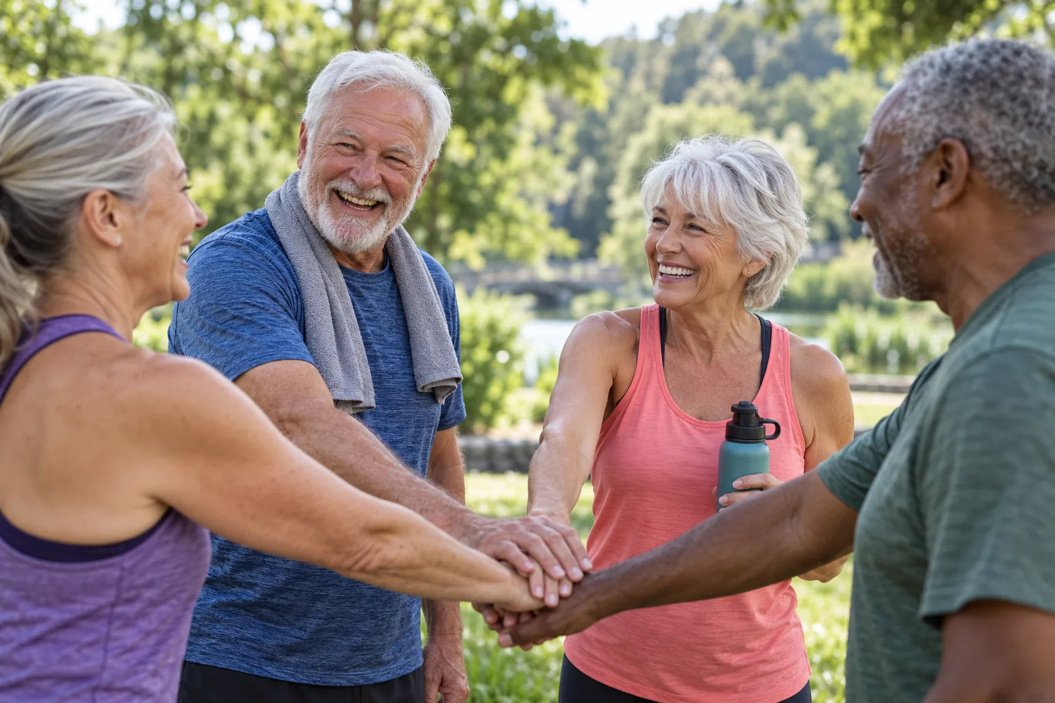 Four older adults smiling and joining hands after exercising outdoors