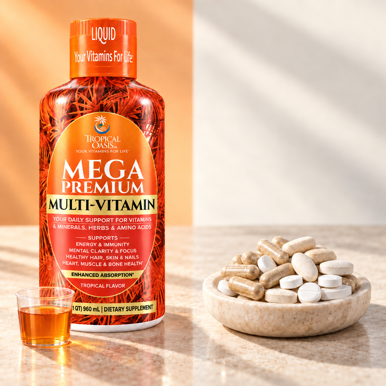 Tropical Oasis liquid multivitamin beside pills and capsules