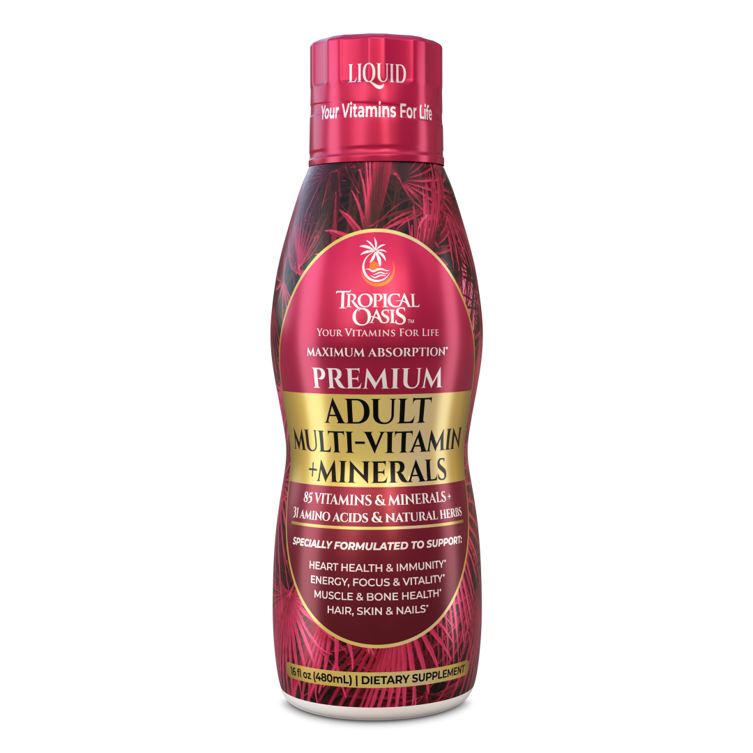 Bottle of Tropical Oasis liquid multivitamin, illustrating how proper storage helps protect supplement potency