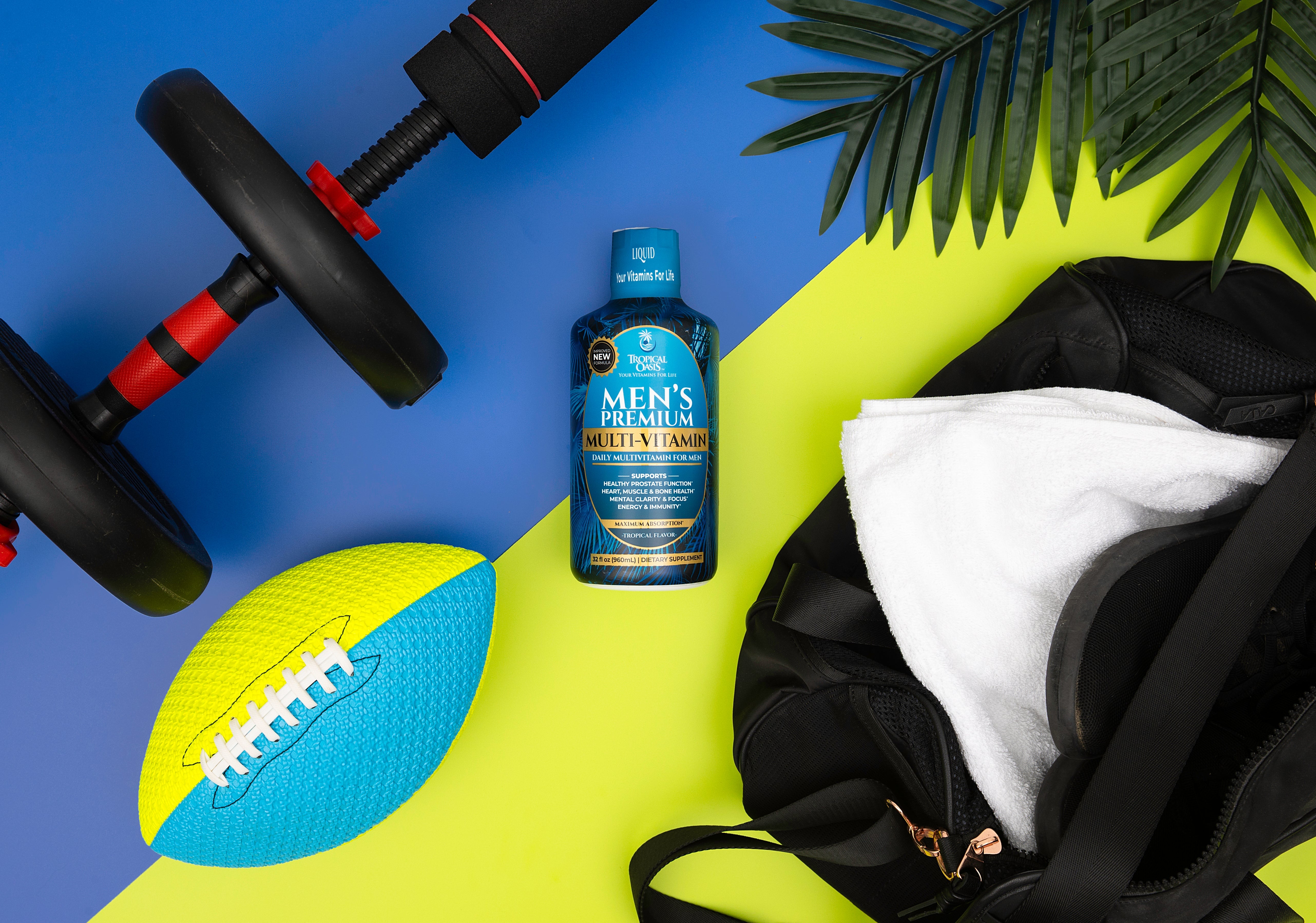 Tropical Oasis Men's Mega Liquid Multivitamin bottle, a daily liquid multivitamin for men