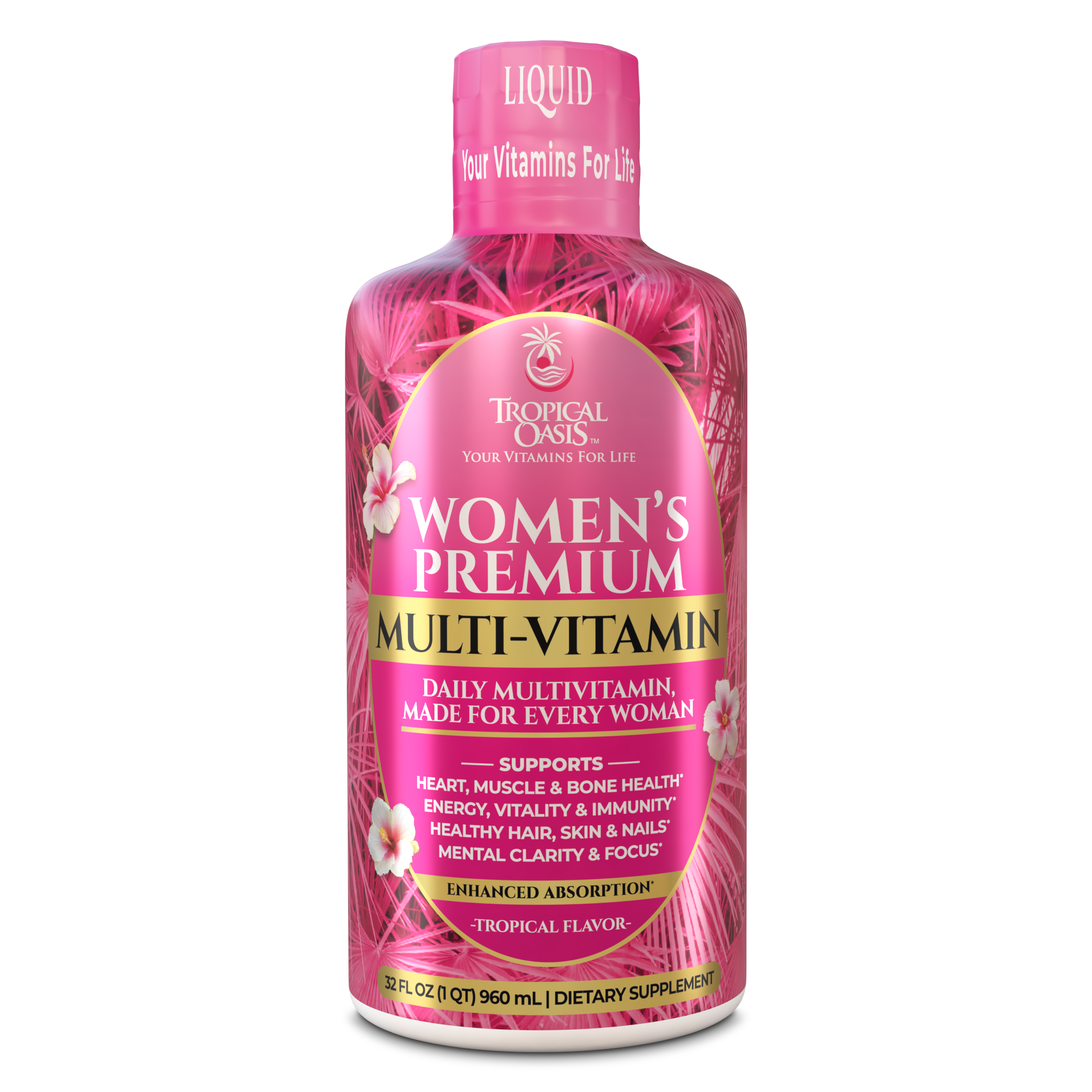 Tropical Oasis Women's Premium Liquid Multivitamin bottle, a daily source of magnesium and other everyday nutrients