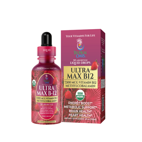 USDA Organic Ultra Max B12 Drops Tropical Oasis Liquid Vitamins and Minerals