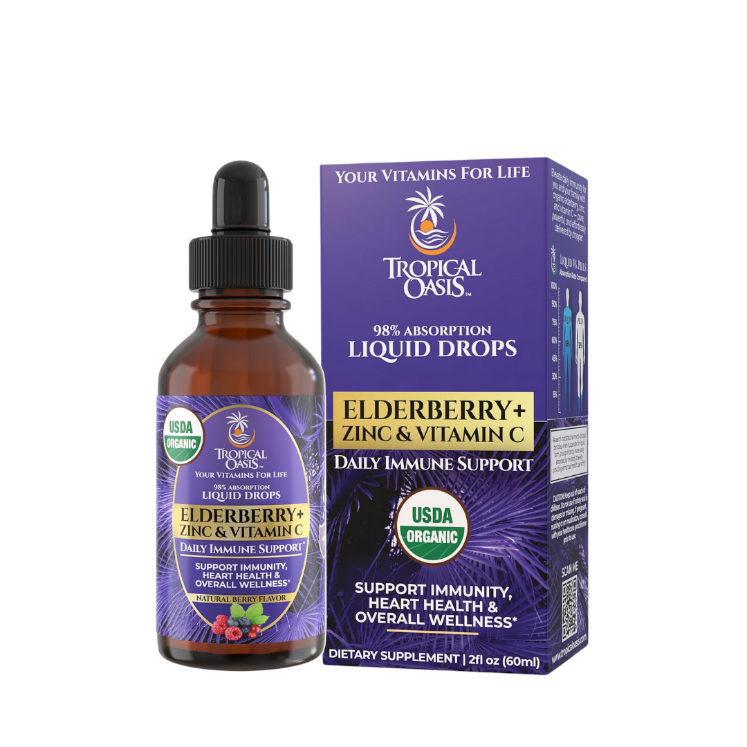 Liquid Vitamin Elderberry Drops with Vitamin C and Zinc for Adults & Kids Tropical Oasis Liquid Vitamins & Minerals