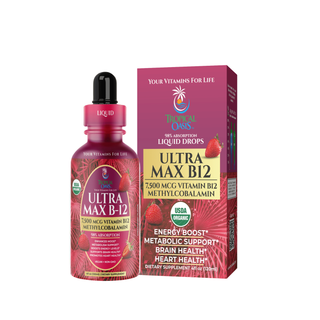 USDA Organic Ultra Max B12 | Superdose 7500mcg Vitamin B12 Liquid Drops | Methyl B12 (Methylcobalamin) | Max 98% Absorption Rate | Promotes Energy & Metabolism*| Vegan, Non-GMO, Strawberry flavor -4oz