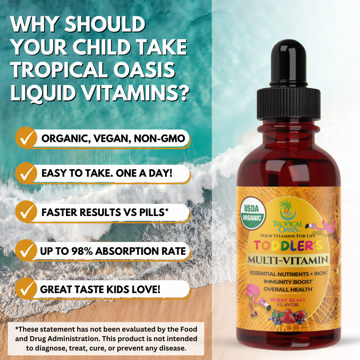 USDA Organic Kids Multivitamin WITH Iron for Toddlers & Babies (Copy) Tropical Oasis Liquid Vitamins & Minerals