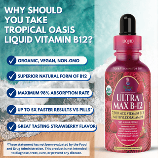 USDA Organic Ultra Max B12 | Superdose 7500mcg Vitamin B12 Liquid Drops | Methyl B12 (Methylcobalamin) | Max 98% Absorption Rate | Promotes Energy & Metabolism*| Vegan, Non-GMO, Strawberry flavor -4oz