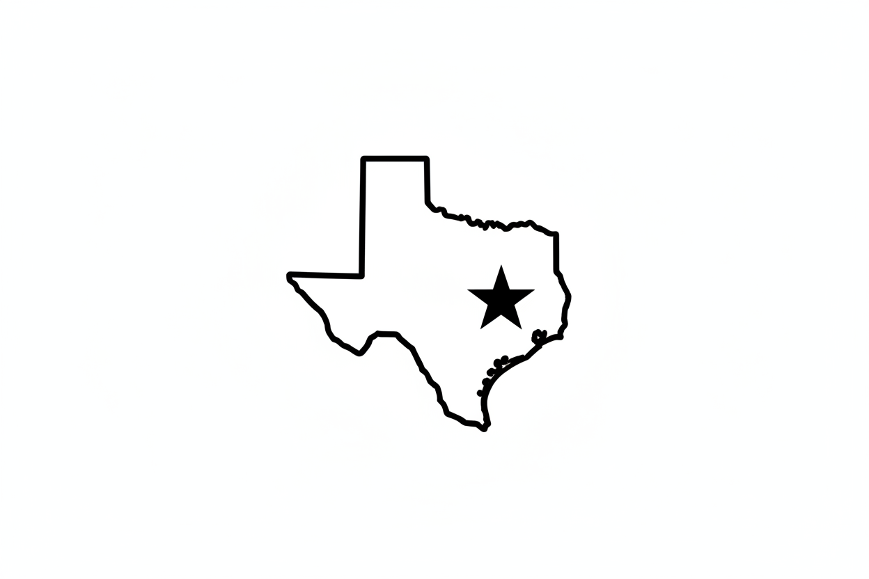 outline of the state of texas and a star near dallas