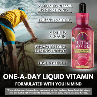 USDA Organic Ultra Max B12 | Superdose 7500mcg Vitamin B12 Liquid Drops | Methyl B12 (Methylcobalamin) | Max 98% Absorption Rate | Promotes Energy & Metabolism*| Vegan, Non-GMO, Strawberry flavor -4oz