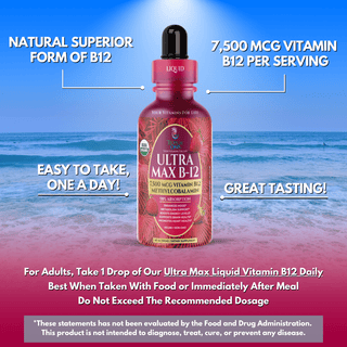 USDA Organic Ultra Max B12 | Superdose 7500mcg Vitamin B12 Liquid Drops | Methyl B12 (Methylcobalamin) | Max 98% Absorption Rate | Promotes Energy & Metabolism*| Vegan, Non-GMO, Strawberry flavor -4oz