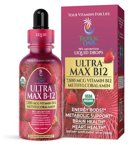USDA Organic Ultra Max B12 | Superdose 7500mcg Vitamin B12 Liquid Drops | Methyl B12 (Methylcobalamin) | Max 98% Absorption Rate | Promotes Energy & Metabolism*| Vegan, Non-GMO, Strawberry flavor -4oz