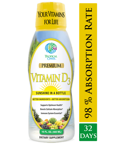 Tropical Oasis Liquid Vitamin D3 - 5000 IU per serv – Promotes strong bones & healthy muscle function. PLUS natural mood booster– Liquid D3 supplement for Maximum 96% Absorption Rate- 16 oz - 32 Serv - tropical-oasis-store