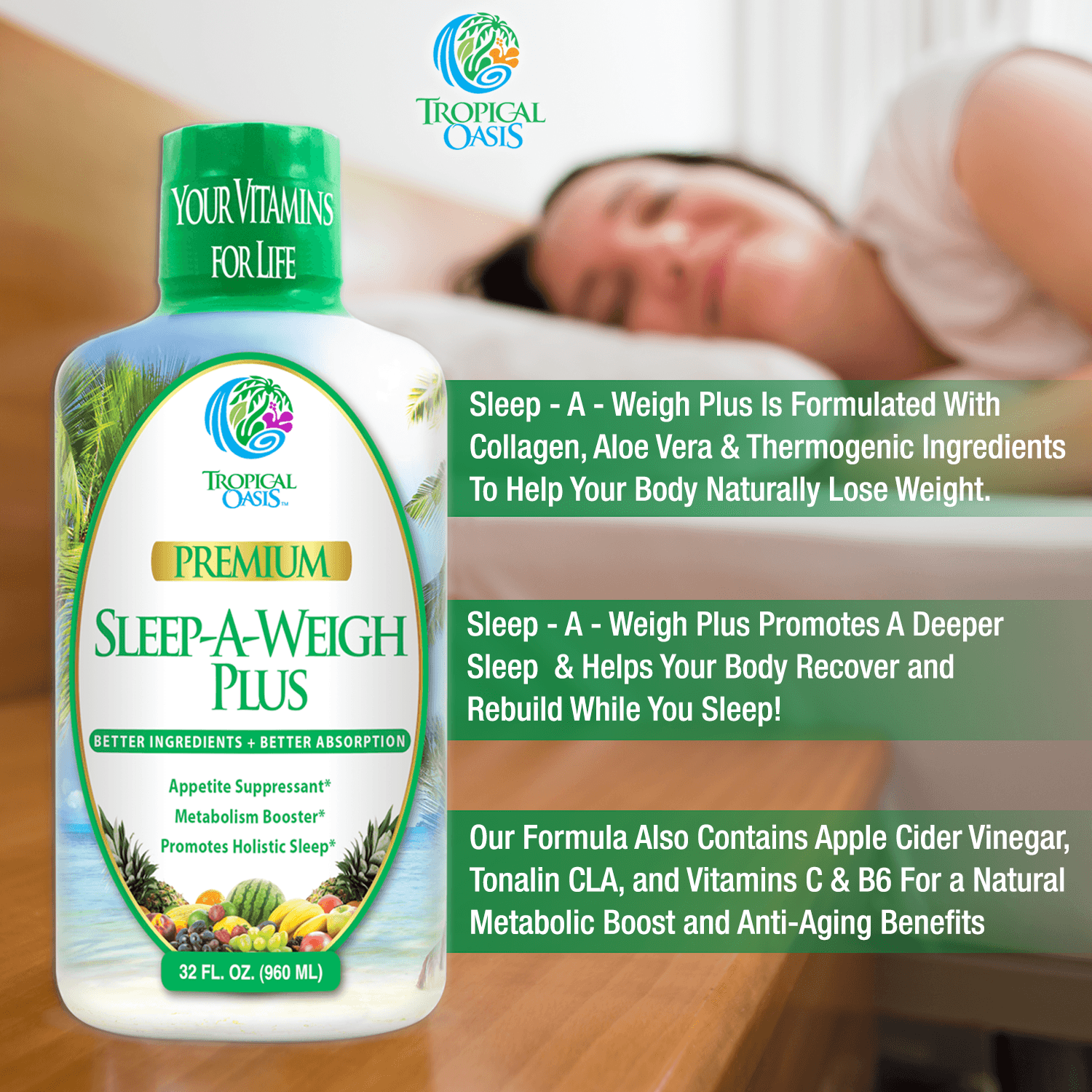 Tropical Oasis Sleep-A-Weigh Plus Liquid - Naturally Promotes Restfulness, Appetite Suppression & Fat Burning -32oz, 32serv - tropical-oasis-store