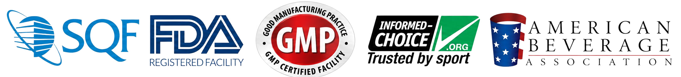 SQF; FDA Registered Facility; GMP Certified Facility; Informed Choice; American Beverage Association