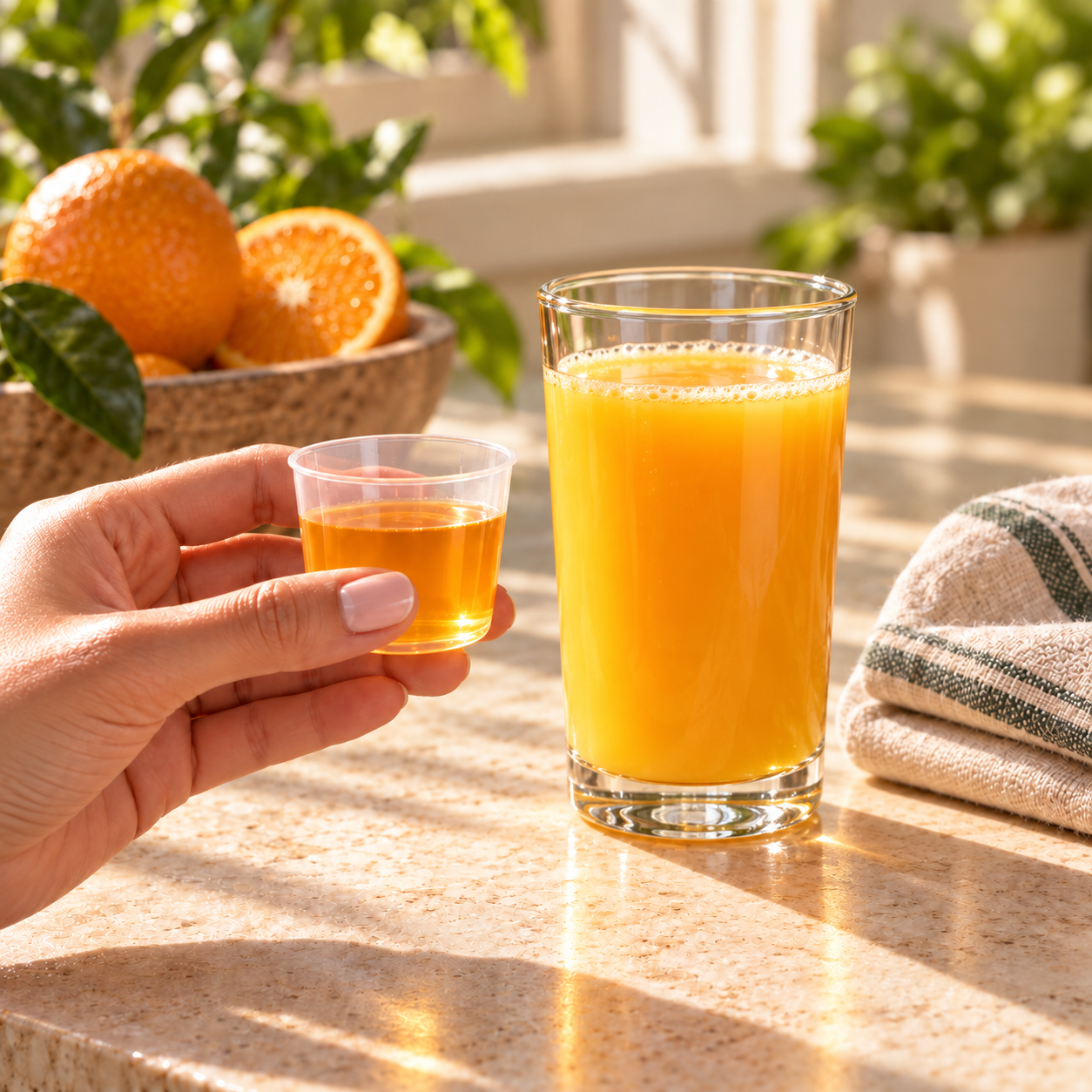 A hand holding a small serving of liquid vitamins beside a glass of fresh orange juice